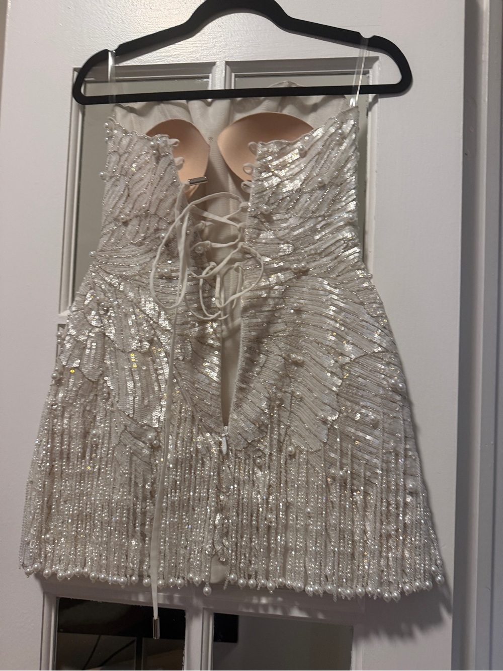 Backless white Sequin Mini Dress with Lace-Up Back - bridal after party - Picture 12 of 13